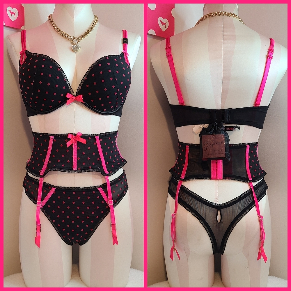 Rare VTG VS Sexy Little Things 3pc Polka-dot Pin-up Lingerie Set Size 34D/Lg - Picture 1 of 8